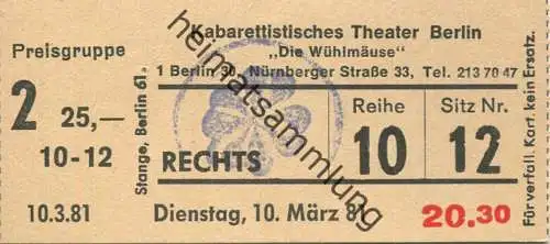 Deutschland - Die Wühlmäuse - Nürnberger Strasse Berlin 1981 - Eintrittskarte