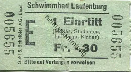 Schweiz - Schwimmbad Laufenburg - Schwimmbad Eintritt Militär Studenten Lehrlinge Kinder Fr. -.30