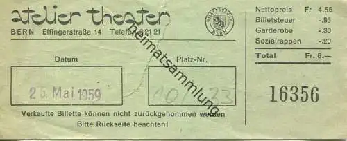 Schweiz - Atelier Theater Bern Effingerstrasse 14 - Eintrittskarte 1959