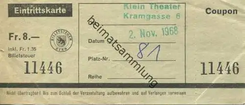 Schweiz - Klein Theater Kramgasse 6 Bern - Eintrittskarte 1968