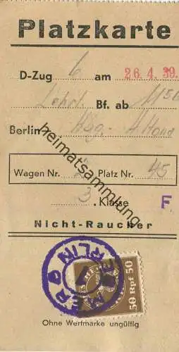 Deutschland - Platzkarte - D-Zug 6 am 26.04.1939 von Berlin nach Hamburg Altona - 3.Klasse Nichtraucher - Wertmarke 50Rp