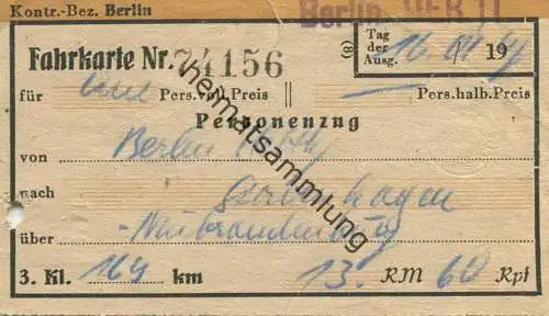 Deutschland - von Berlin nach Stavenhagen über Neubrandenburg 1947 - Fahrschein 3.Klasse