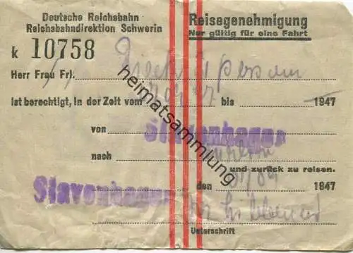 Deutschland - Reisegenehmigung September 1947 von Stavenhagen nach Berlin - Deutsche Reichsbahn - Reichsbahndirektion Sc