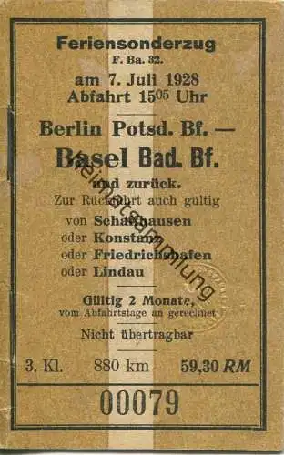 Deutschland - Feriensonderzug am 7. Juli 1928 Abfahrt 15:05 Uhr - Berlin Potsdamer Bf. - Basel Badischer Bf. und zurück