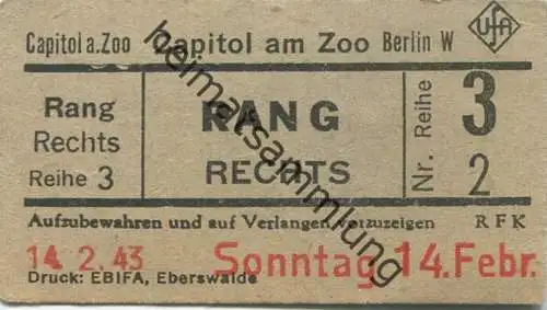 Deutschland - Berlin - Capitol am Zoo Berlin - Kinokarte 1943