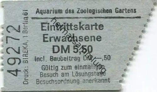 Deutschland - Berlin - Aquarium des Zoologischen Gartens Berlin - Eintrittskarte inkl. Baubeitrag DM -.50