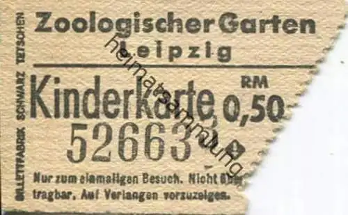 Deutschland - Zoologischer Garten Leipzig - Eintrittskarte - Kinderkarte RM 0,50