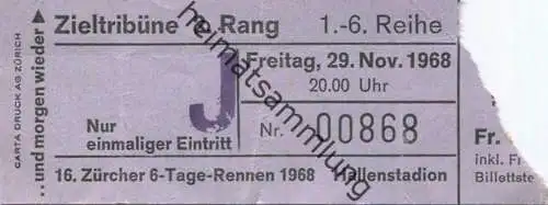 Schweiz - 16. Zürcher 6-Tage-Rennen 1968 - Eintrittskarte