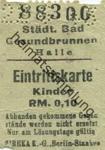 Deutschland - Städtisches Bad Gesundbrunnen Halle - Eintrittskarte Kinder RM 0,10 1943