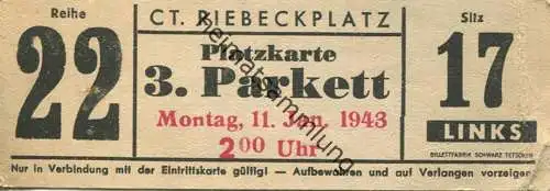 Deutschland - CT. Lichtspiele Riebeckplatz Halle - Platzkarte 3. Parkett Montag 11. Jan. 1943