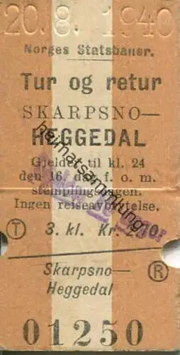 Norwegen - Norges Statsbaner - Skarpsno Heggedal - hin und zurück Fahrkarte 3. Klasse 1940