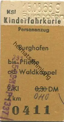 Deutschland - Kinderfahrkarte - Burghofen bis Pfieffke oder Waldkappel 1966