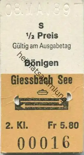Schweiz - Bönigen - Giessbach See und zurück - Fahrkarte 1989