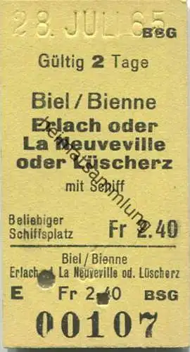 Schweiz - BSG - Bielersee-Schiffahrts-Gesellschaft - Biel Erlach oder La Neuveville oder Lüscherz - Fahrkarte 1965