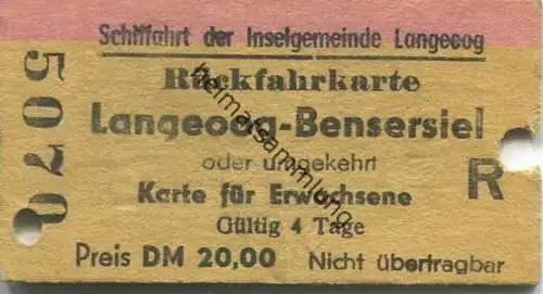Deutschland - Schiffahrt der Inselgemeinde Langeoog - Rückfahrkarte Langeoog-Bensersiel - Fahrkarte 1978