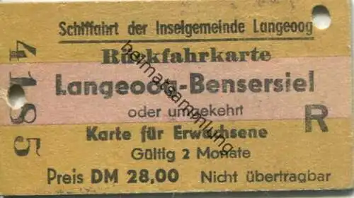 Deutschland - Schiffahrt der Inselgemeinde Langeoog - Rückfahrkarte Langeoog-Bensersiel - Fahrkarte 1978