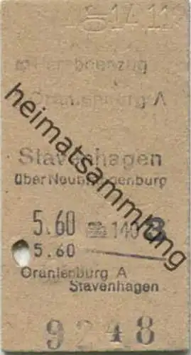 Deutschland - Oranienburg nach Stavenhagen über Neubrandenburg - Fahrkarte 3. Klasse 1947