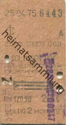 Deutschland - Berlin Stadtbahn (Zoo) nach Solingen Hbf via Helmstedt - Fahrkarte 1975