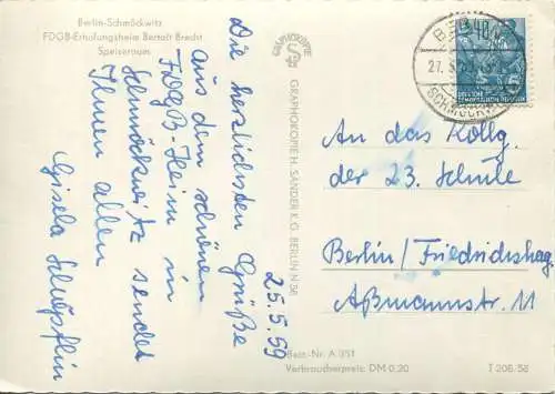 Berlin - Schmöckwitz - FDGB-Erholungsheim Bertolt Brecht - Speiseraum - Foto-AK Grossformat 1958 - Verlag H. Sander K. G