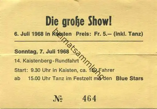 Schweiz - Kaisten 14. Kaistenberg-Rundfahrt 1968 - Eintrittskarte - rückseitig Werbung E. Hug Velos-Motos Frick