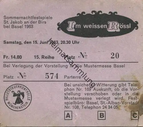 Schweiz - Sommernachtfestspiele St. Jakob an der Birs bei Basel 1963 - Eintrittskarte