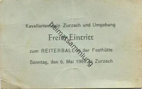 Schweiz - Kavallerieverein Zurzach und Umgebung - Reiterball in der Festhütte 1956 - Einladungskarte