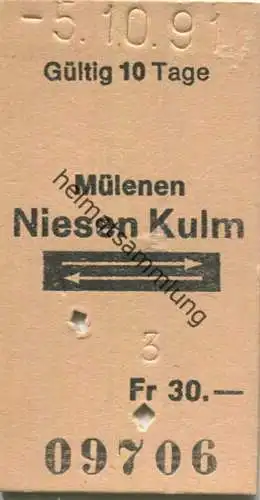 Schweiz - Seilbahn - Mülenen Niesen Kulm und zurück - Fahrkarte 1991