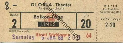 Deutschland - Gloria Theater Säckingen 1968 - Eintrittskarte
