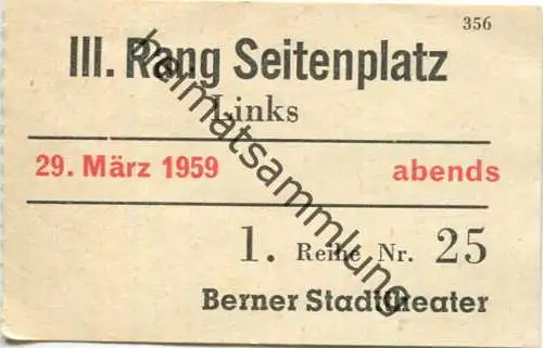 Schweiz - Berner Stadttheater 29. März 1959 abends - Eintrittskarte