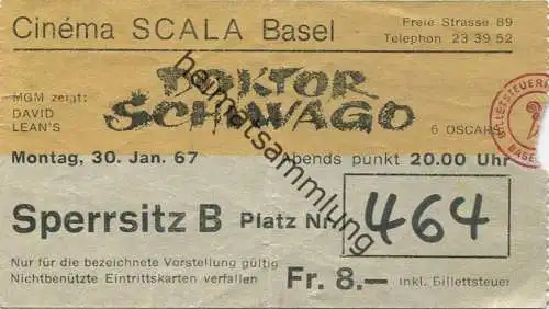 Schweiz - Basel - Cinema Scala - Kino - Doktor Schiwago - Kinokarte 1967