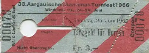 Schweiz - 33. Aargauisches Kantonal-Turnfest 1966 Windisch - Eintrittskarte