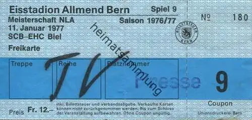 Schweiz - Eisstadion Allmend Bern - Meisterschaft NLA - SCB-EHC Biel 1977 - Freikarte Presse TV