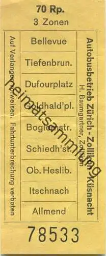 Schweiz - Autobusbetrieb Zürich Zollikon Küsnacht - H. Baumgartner Zollikon - Fahrschein 70Rp. 3 Zonen