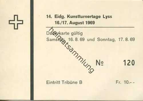 Schweiz - 14. Eidgenössische Kunstturnertage Lyss August 1969 - Eintrittskarte