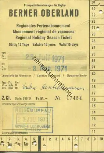 Schweiz - Berner Oberland - Regionales Ferienabonnement 1971 - Fahrkarte Fr. 54.-