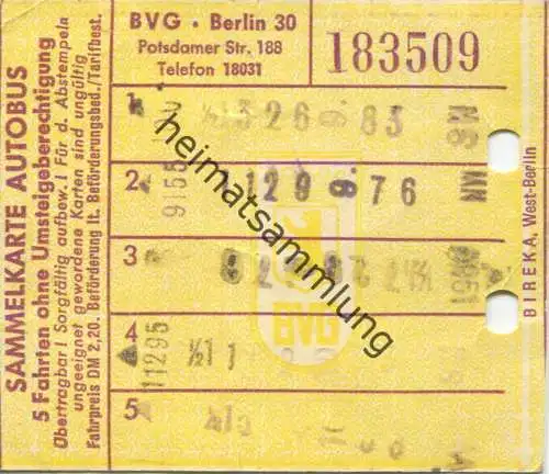 Deutschland - Berlin - BVG Sammelkarte Autobus - Fahrschein 5 Fahrten ohne Umsteigeberechtigung Fahrpreis DM 2,20