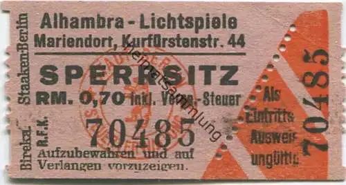 Deutschland - Berlin - Alhambra - Lichtspiele Mariendorf Kurfürstenstrasse 44 - Eintrittskarte Sperrsitz RM. 0,70