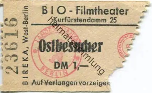Deutschland - Berlin - BIO Filmtheater - Kurfürstendamm 25 - Eintrittskarte für Ostbesucher DM 1,-
