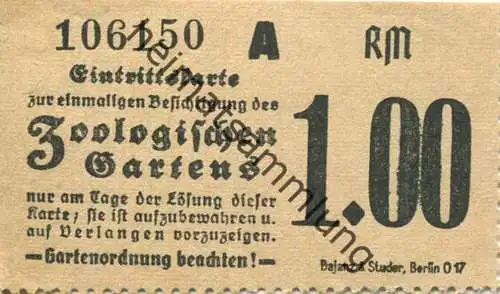 Deutschland - Berlin - Zoologischer Garten - Eintrittskarte zur einmaligen Besichtigung RM 1.00