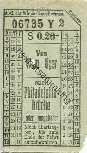 Österreich - Wien - A.-G. d. Wiener Localbahnen 20er Jahre - von Wien Oper nach Philadelphiabrücke oder umgekehrt - Fahr