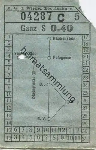 Österreich - Wien - A.-G. d. Wiener Localbahnen 20er Jahre - Vöslau Soos Rauhenstein Pelzgasse - Fahrschein Ganz S 0.40