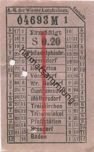 Österreich - Wien - A.-G. d. Wiener Localbahnen 20er Jahre - Philadelphiabr. - Baden - Fahrschein Ermäßigt S 0.20
