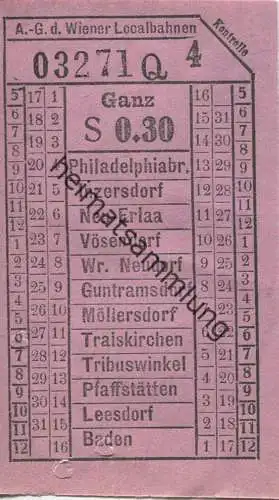 Österreich - Wien - A.-G. d. Wiener Localbahnen 20er Jahre - Philadelphiabr. - Baden - Fahrschein Ganz S 0.30