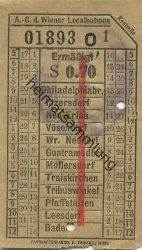 Österreich - Wien - A.-G. d. Wiener Localbahnen 20er Jahre - Philadelphiabr. - Baden - Fahrschein Ermäßigt S 0.70 - rück