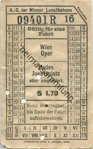 Österreich - Wien - A.-G. d. Wiener Localbahnen 20er Jahre - Wien Oper Baden Josefsplatz oder umgekehrt - Fahrschein Gül