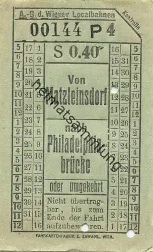 Österreich - Wien - A.-G. d. Wiener Localbahnen 20er Jahre - von Matzleinsdorf nach Philadelphiabrücke oder umgekehrt -