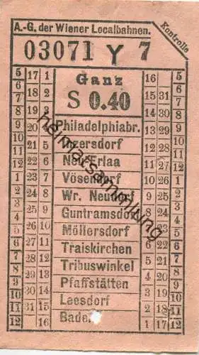 Österreich - Wien - A.-G. d. Wiener Localbahnen 20er Jahre - Philadelphiabr. - Baden - Fahrschein Ganz S 0.40