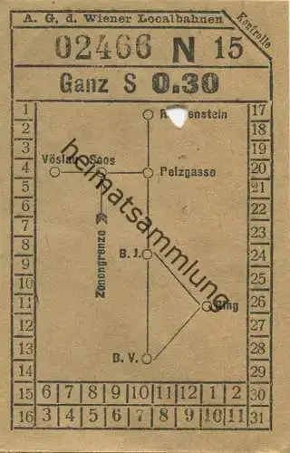 Österreich - Wien - A.-G. d. Wiener Localbahnen 20er Jahre - Vöslau Soos Rauhenstein Pelzgasse - Fahrschein Ganz S 0.30