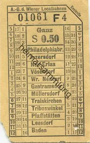 Österreich - Wien - A.-G. d. Wiener Localbahnen 20er Jahre - Baden - Fahrschein Ganz S 0.50