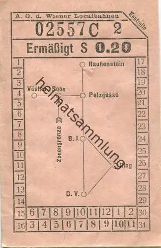 Österreich - Wien - A.-G. d. Wiener Localbahnen 20er Jahre - Vöslau Soos Rauhenstein Pelzgasse - Fahrschein Ermäßigt S 0